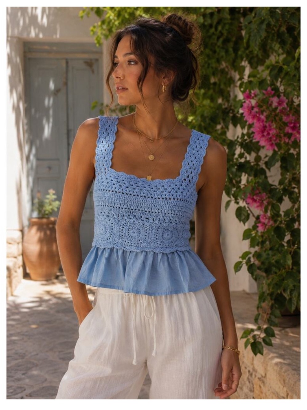 NWT Rebellion Again Baby Blue Crochet Peplum Top